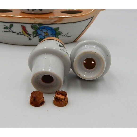 Lustreware Condiment Set Salt Pepper Mustard Jar Boat Peach White Floral Canoe - Picture 10 of 12